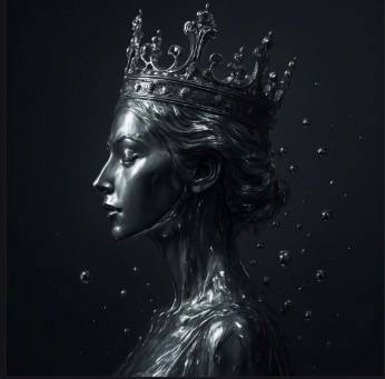 laux — the stone-carved queen in profile wearing an ornate crown against a deep near-black background